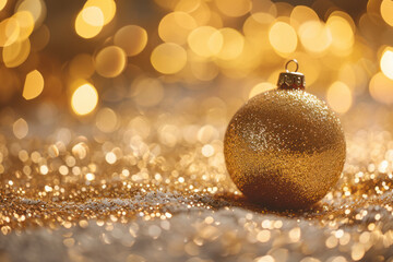 Golden Christmas bauble on glittering background. Holiday season decoration.
