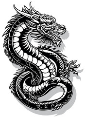 Drawing of a Chinese Dragon as a Pattern for Tattoo or Decoration - Black and White Illustration Isolated on White Background, Vector