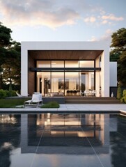A sleek and modern villa with a minimalist design, featuring a white, gray, and black color palette. Height of 9 meters. Generative AI.