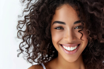 Confident young woman with curly hair smiling at camera. Beauty and confidence.