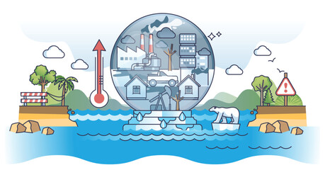 Greenhouse gases caused water level rising from ice melting outline concept. Global warming and climate change from industrial emissions and CO2 pollution vector illustration. Environmental awareness