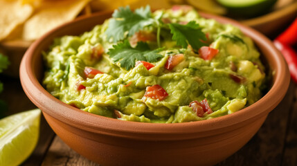 Fresh guacamole in a bowl, ripe and ready.