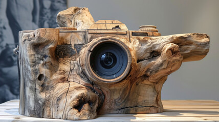 Photo camera made of wood with cracks. An unusual gadget. Wooden device