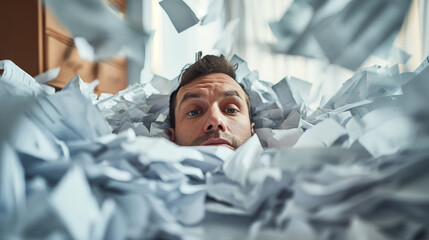 Man overwhelmed by a sea of crumpled papers.
