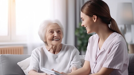 Nurse or Granddaughter take care chit and chat with patient elder , Nurse at home , wellness,
