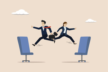 Job rotation or employee switch position for new skill, moving to new responsibility within organization concept, businessman and woman jump on office chair metaphor of job rotation. - obrazy, fototapety, plakaty