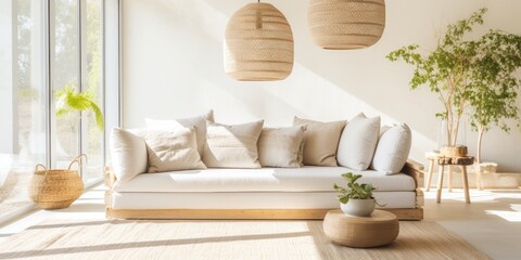 Modern pendant light and natural decor in a sunny living room with beige and white textiles.