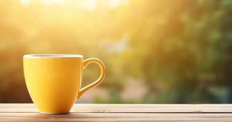 A yellow coffee cup on a wooden table in front of a sunny background. Generative AI. - Powered by Adobe