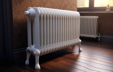 A radiator in a room with a window. Generative AI.