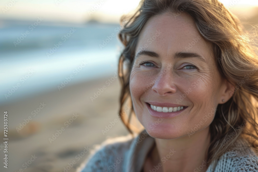 Wall mural Smiling woman enjoying sunset at beach. Serenity and relaxation.