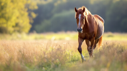 Solo horse wandering in a serene golden meadow.