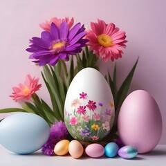 Floral springtime Easter card template with purple and pink flowers and beautiful brightly decorated Easter eggs, with copyspace