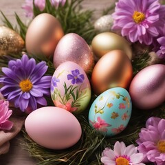 Fototapeta na wymiar Floral springtime Easter card template with purple and pink flowers and beautiful brightly decorated Easter eggs, with copyspace