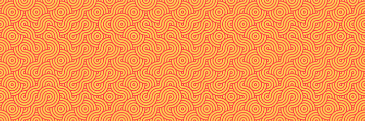 Red and Orange Illusion Patterns, Futuristic Asian Background, Contemporary Seamless Vector Design in Psychedelic Style