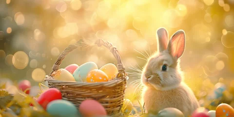 Foto op Canvas Rabbit with eggs, adding a playful twist to the Easter festivities, as it merrily carries a basket filled with colorful Easter eggs bokeh light and shadows. © Nattadesh