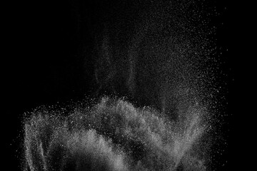 Abstract white dust on black background. Light smoke texture. Powder explosion. Splash water overlay. - obrazy, fototapety, plakaty