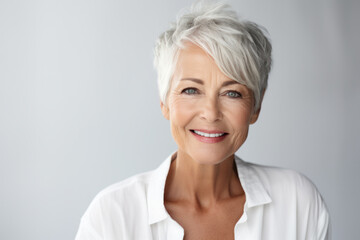 Elegant mature woman with confident smile posing in studio. Graceful aging.
