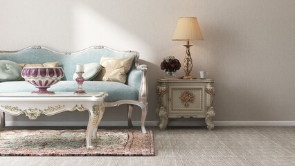 Classic pastel turquoise blue victorian sofa, coffee table, cabinet on rug, carpet floor, in sunlight on beige wall room for interior furniture design decoration 3D - obrazy, fototapety, plakaty