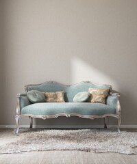 Classic pastel turquoise blue victorian sofa with cushion on high pile rug, carpet floor, in sunlight on beige wall room for interior furniture design decoration 3D