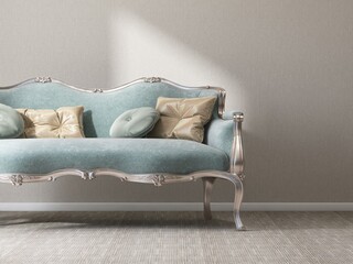 Classic pastel turquoise blue victorian sofa with cushion on high pile rug, carpet floor, in...