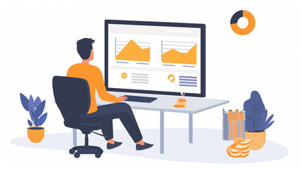 illustration of businessman working on computer in office. Flat style design.