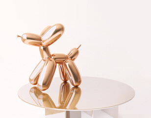 Modern design of chrome round podium table, gold balloon dog sculpture in sunlight, shadow on wall...