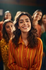 Obraz premium Portrait of a young woman with her friends in the classroom. Generative AI.