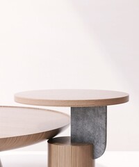 Close up of minimal wooden pedestal table podium in sunlight in white room for luxury modern...