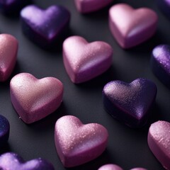 Romantic Valentine's day background. Pink and purple decorative hearts on black background