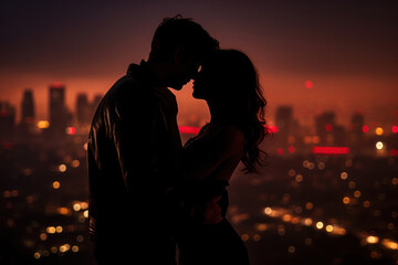 Silhouette of romantic couple kissing against city skyline at sunset. Love and romance. - Powered by Adobe