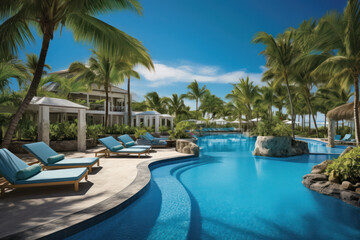 Luxury resort pool area with lounge chairs and palm trees. Travel and relaxation.