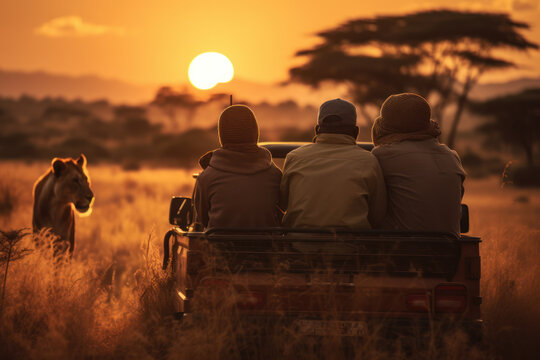 Group of tourists on safari watching lion at sunset. Wildlife and travel.