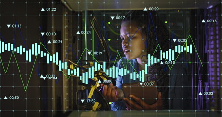 Image of data processing over african american woman using tablet in server room