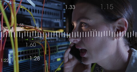Image of data processing over caucasian female it engineer by computer servers