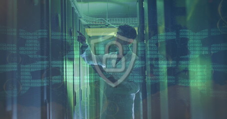 Image of chain and data processing over asian male it engineer by computer servers