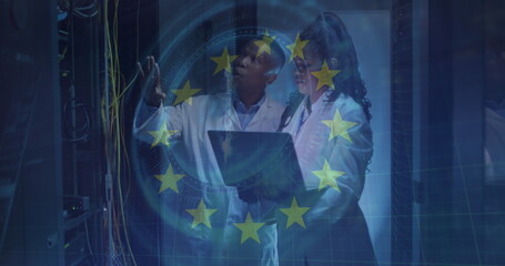 Image of eu flag over african american couple using laptop in server room