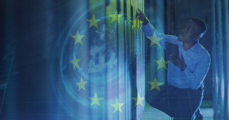 Image of eu flag over african american man using tablet in server room