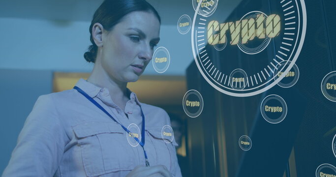 Image of crypto text over caucasian woman using laptop in server room
