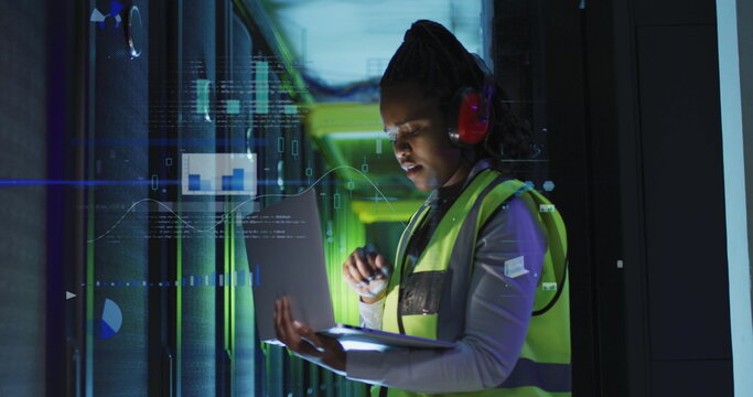 Image of data processing over african american woman using headphones in server room