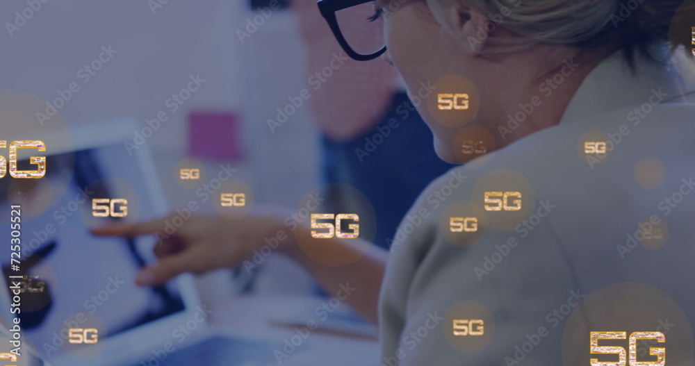 Poster Image of 5g texts over caucasian woman using laptop