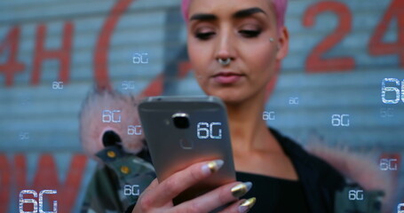 Image of 6g texts over biracial woman using smartphone