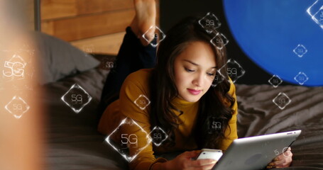 Image of 6g texts over caucasian woman using smartphone