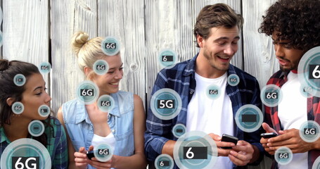 Image of 6g texts over diverse friends using smartphones