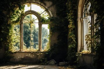 Obraz premium Sunlight streaming through overgrown window in abandoned building. Nature reclaiming architecture.