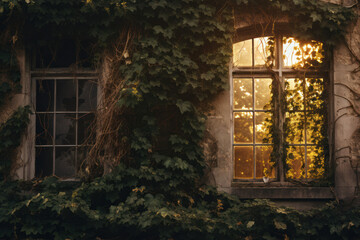 Ivied windows on rustic building at sunset. Tranquility and nature.