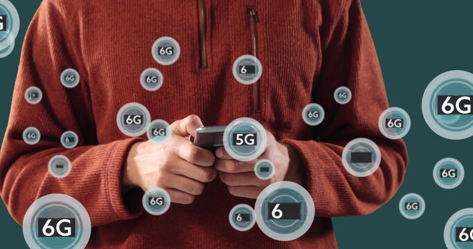 Image of 6g texts over caucasian man using smartphone
