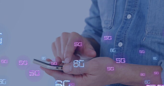 Image of 6g texts over caucasian man using smartphone