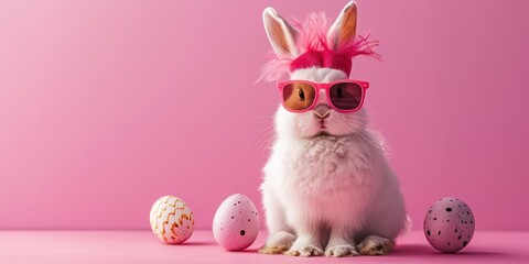 Fototapeta premium Pink Bunny rabbit wearing Chicken Hat and sunglasses with eggs.
