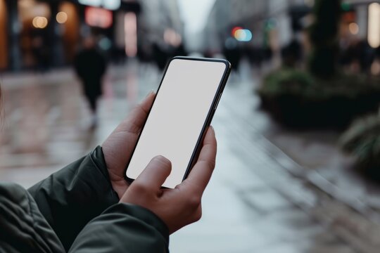 Mockup image of a woman's hand holding mobile phone with blank white screen on the street.