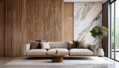 Spacious Sofa in a Tidy Living Room with Wooden and Marble Accents. Home and Lifestyle Concept.